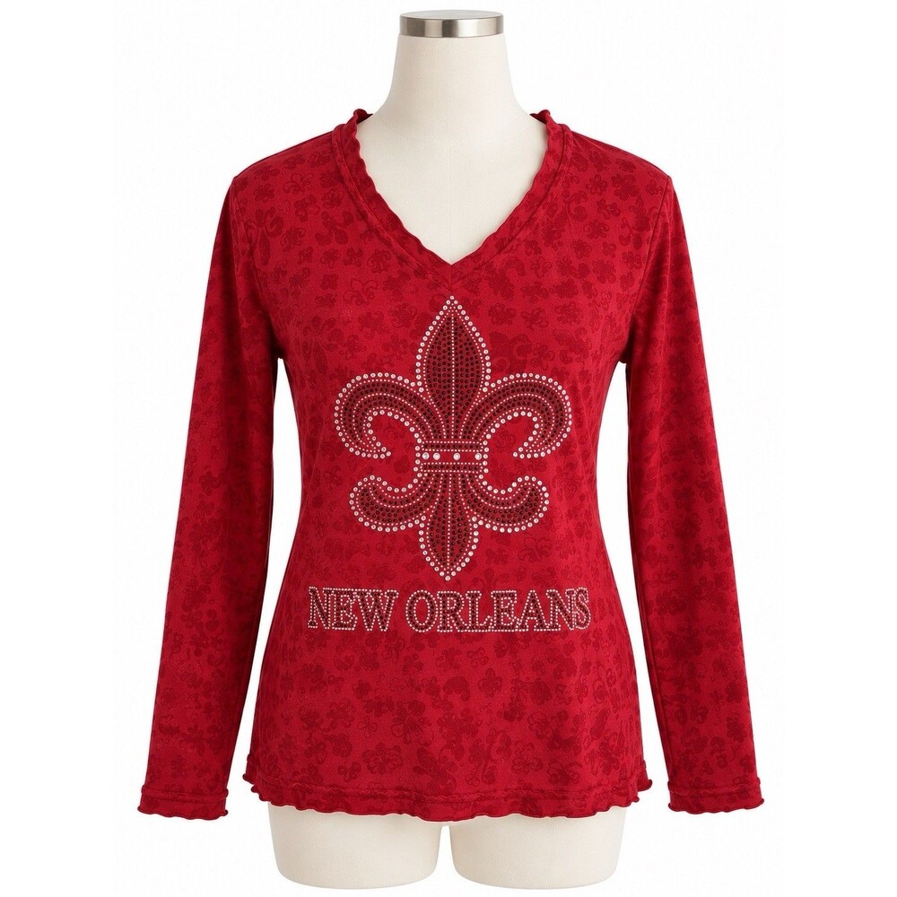 Classic New Orleans Rhinestone Fleur de Lis Red Burnout Long Sleeve Top XL Retro
